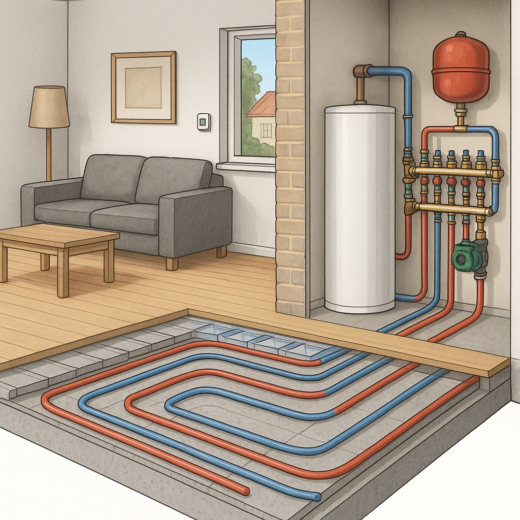 ChatGPT sin tolkning av varnnbåren varme i gulv. Ikke korrekt framstilt, men i prinsipp korrekt: Rør med vann som ligger under parkette, koblet til et sentralt distribusjonsskap.
